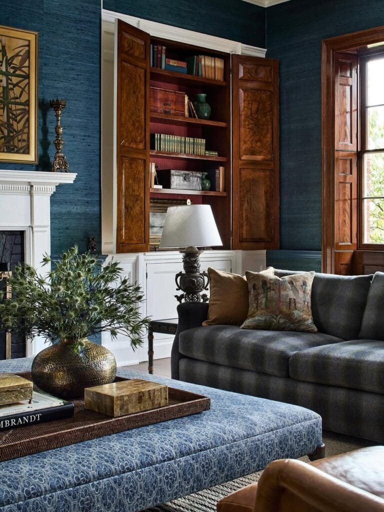 Textured Blue Wall with Walnut Accent