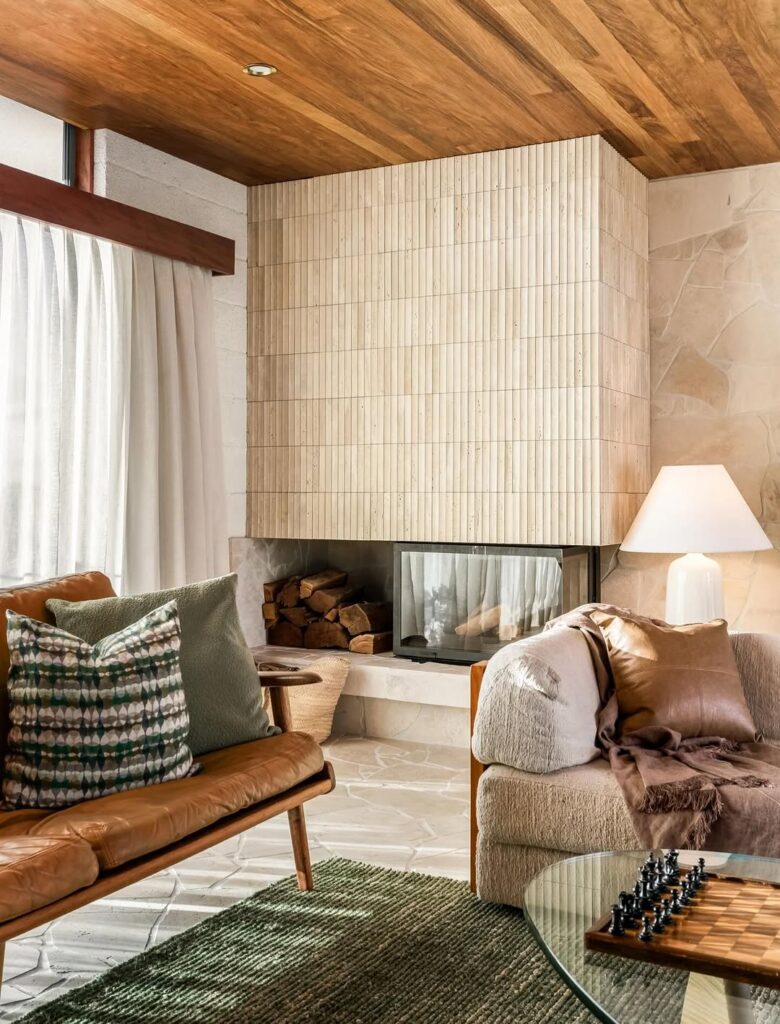 Textured Corner Stone Fireplace