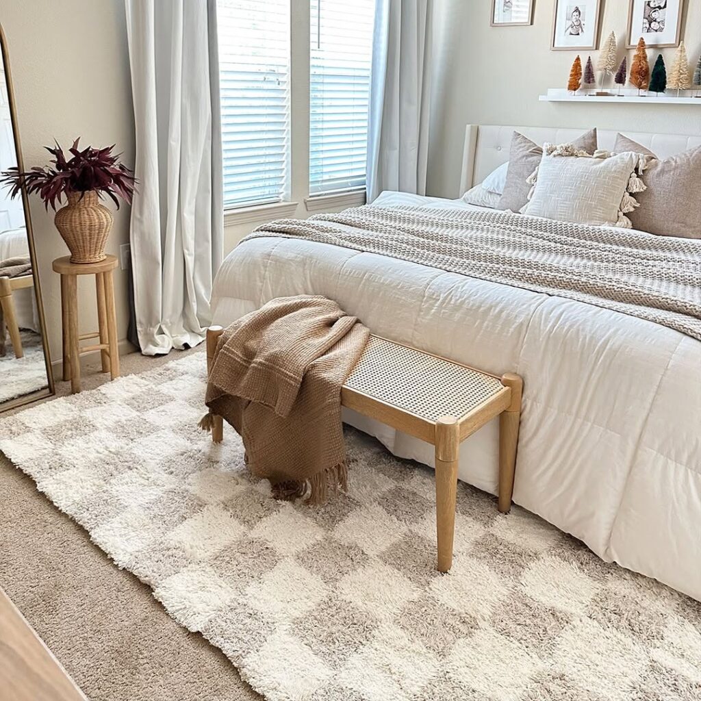 Textured Ivory Bedroom with Taupe Accents and Holiday Details