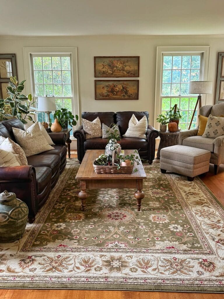 Traditional Botanical Living Room with Leather