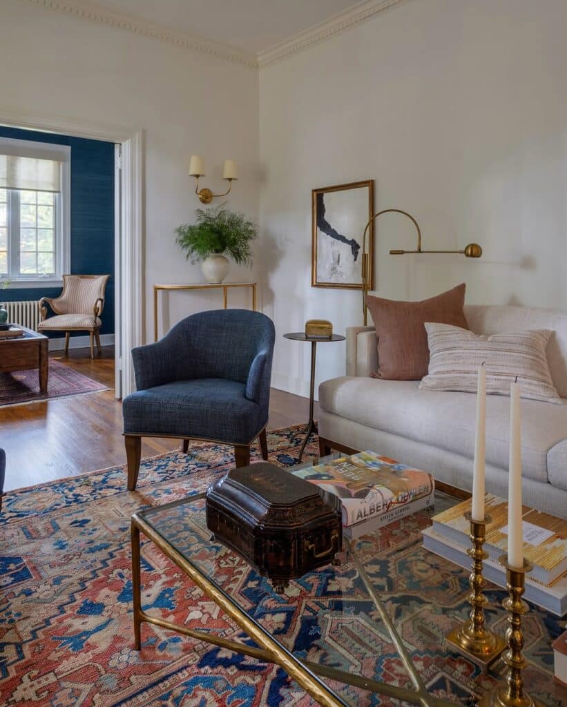 Traditional Living Room with Brass and Blue