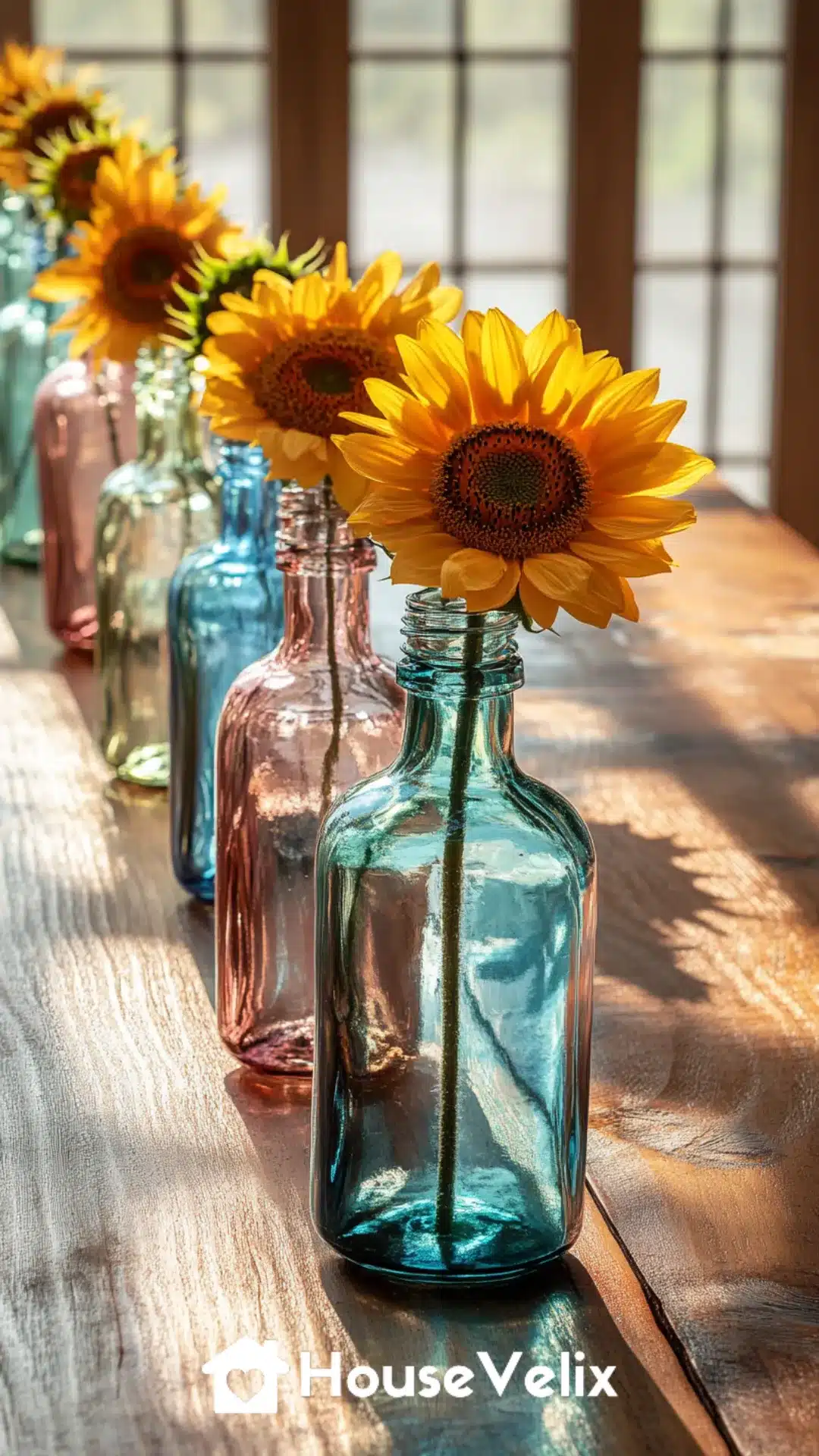 Transparent Colored Glass Bottles with Single Stem Sunflowers