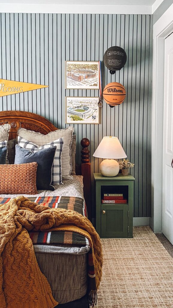 Vertical sage slats and sporty stadium prints
