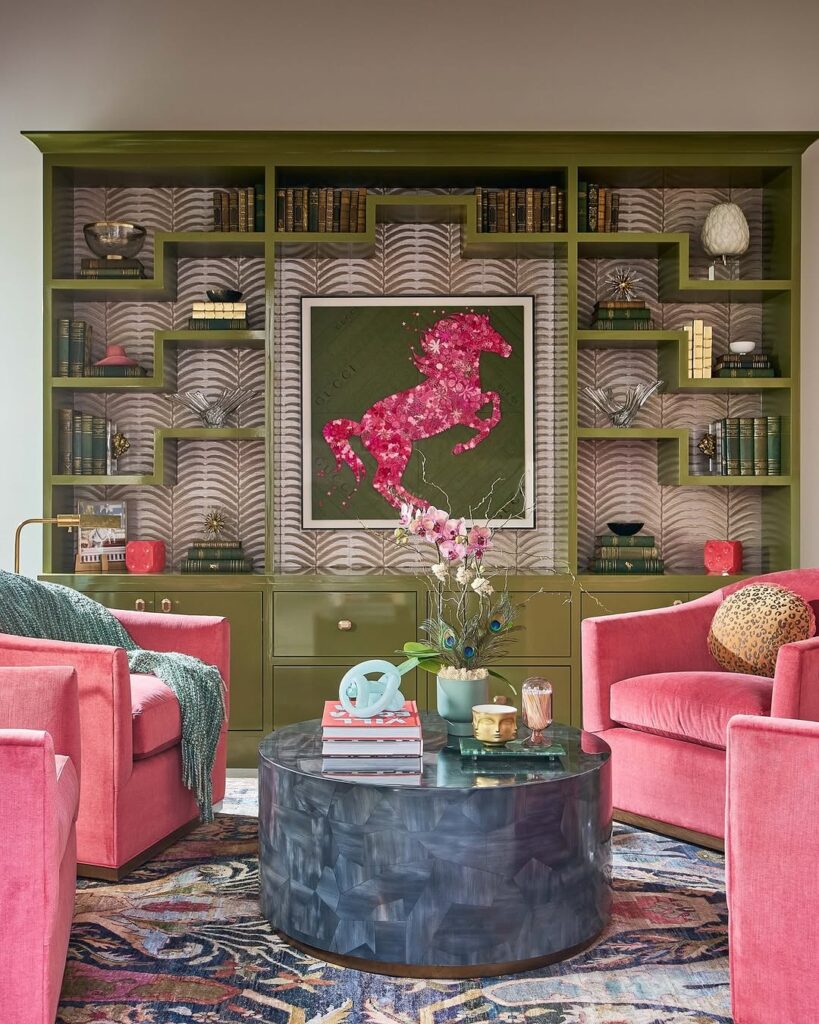 Vibrant Pink Seating in a Large Modern Olive Living Room