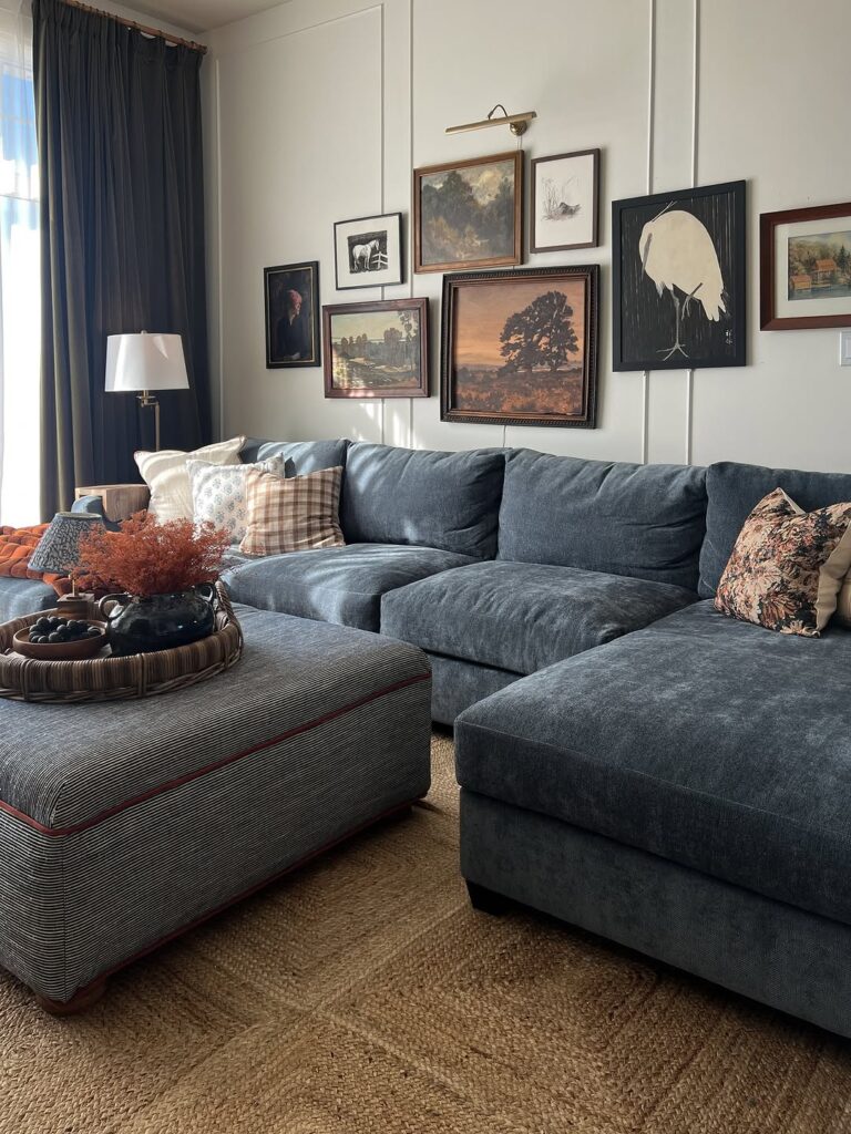 Vintage Art Collection and Charcoal Blue Sectional