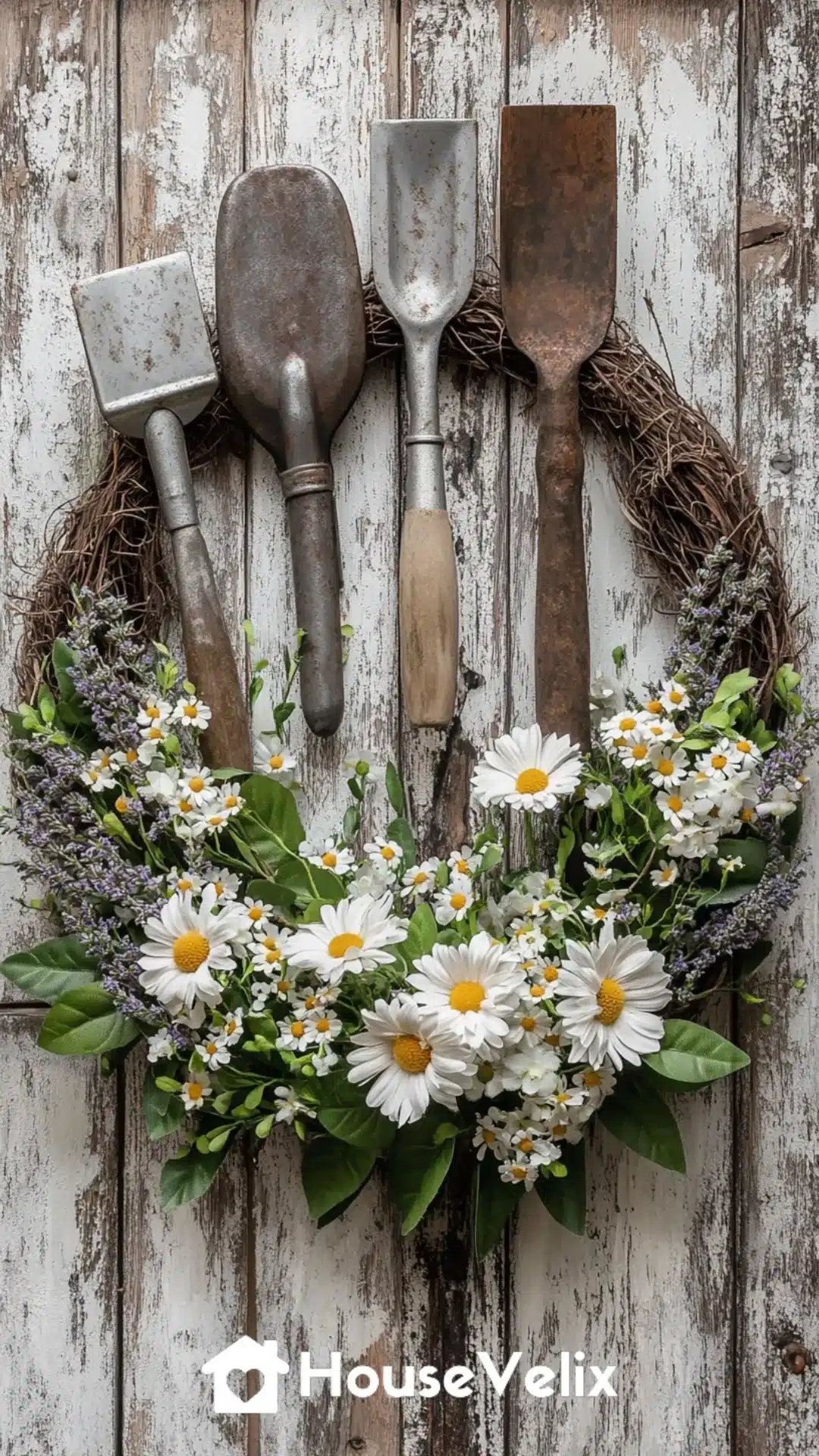 Vintage Garden Tool Wreath with Faux Florals