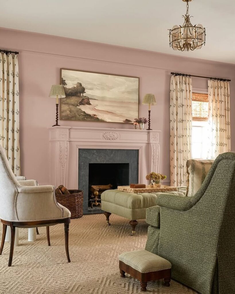 Vintage Living Room with Dusty Rose and Heritage Greens