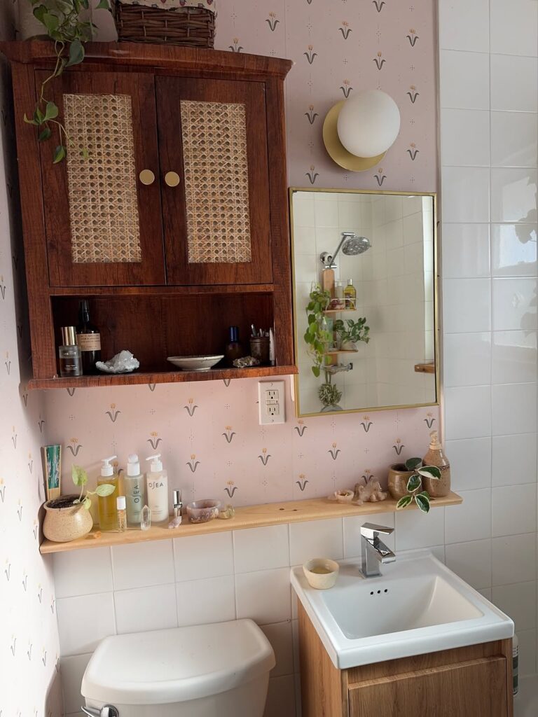 Wall Cabinet with Cane Front and Slim Ledge