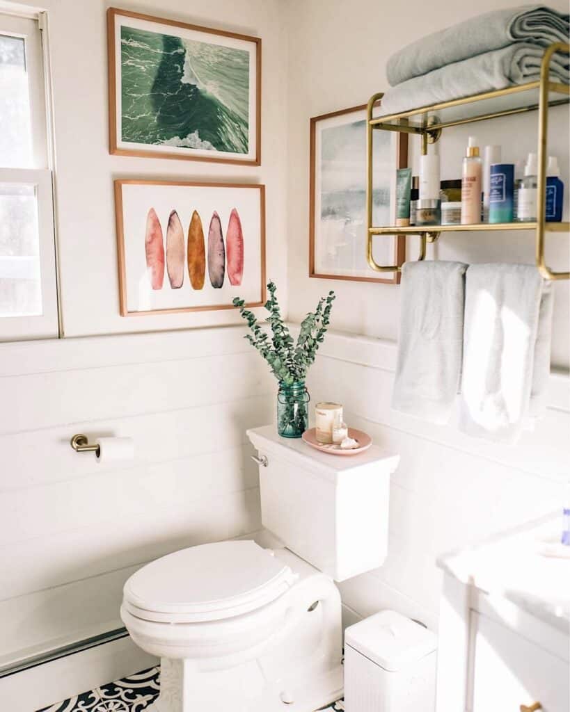 Wall-Mounted Floating Shelf Above the Toilet Tank with Integrated Towel Rail