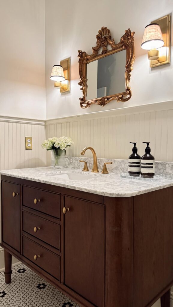 Walnut Beadboard Vanity With Marble