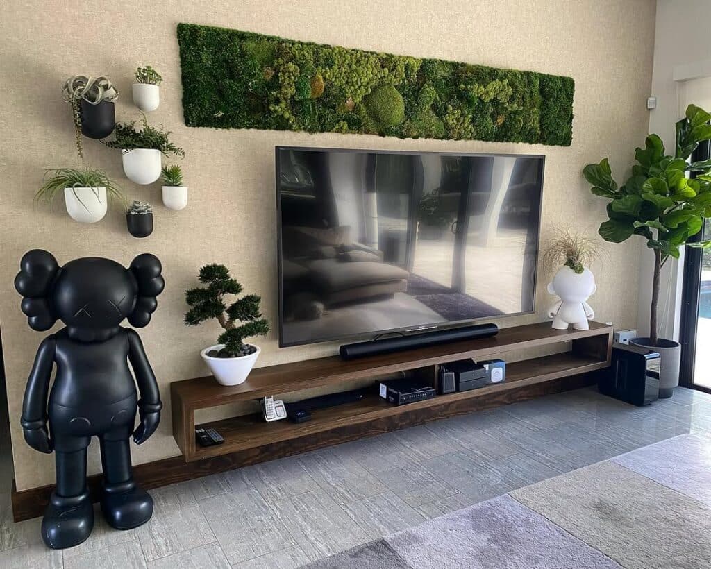 Walnut Floating TV Stand With Botanical Wall Art