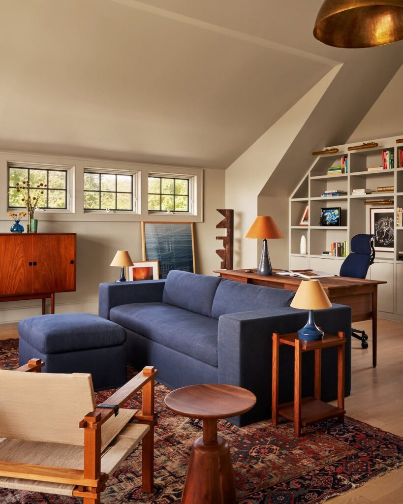 Walnut Warmth with a Navy Sofa