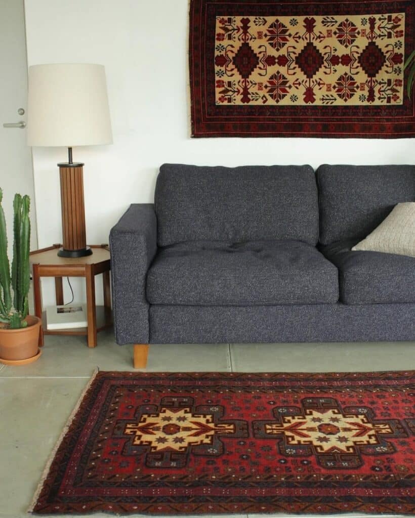 Warm Global Rug and Charcoal Sofa