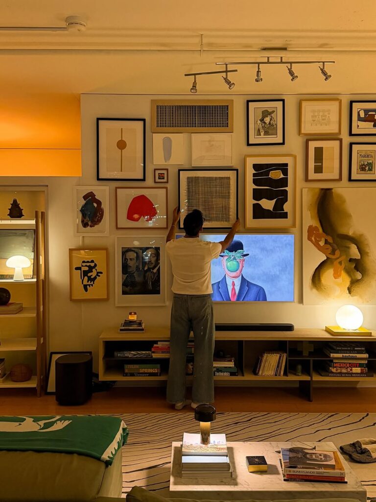Warm Modern Wall Display with a Framed Television