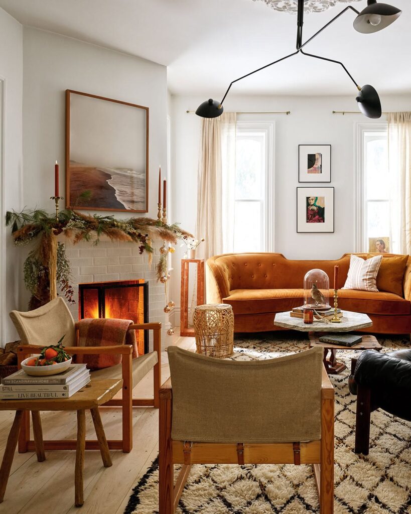 Warm Vintage Modern Room with Orange Couch