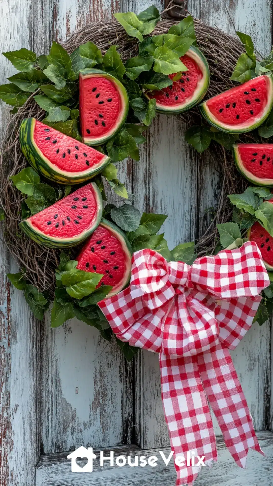 Grapevine Wreath with Faux Watermelon Slices and Gingham Bow