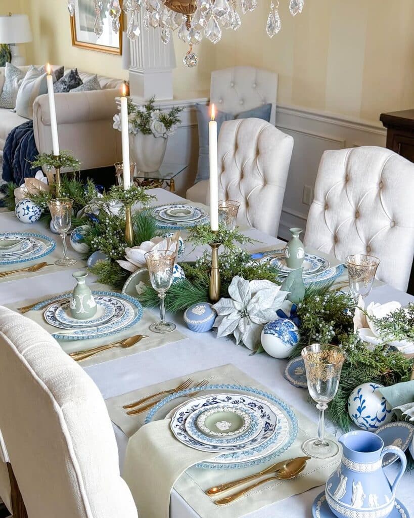 Wedgewood Winter Tablescape in Soft Green and Muted Blue