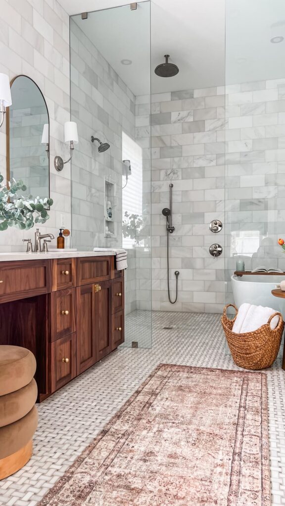 Wet Room with Walnut Vanity and Marble Surfaces