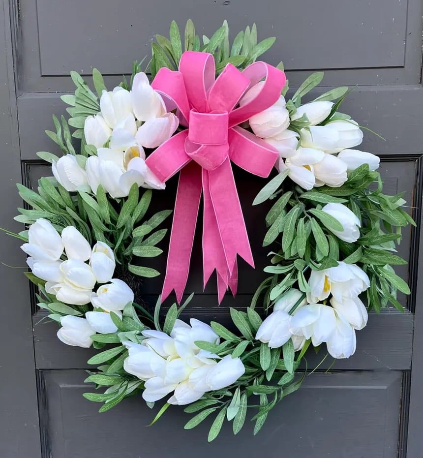 White Tulip Wreath with Classic Bow