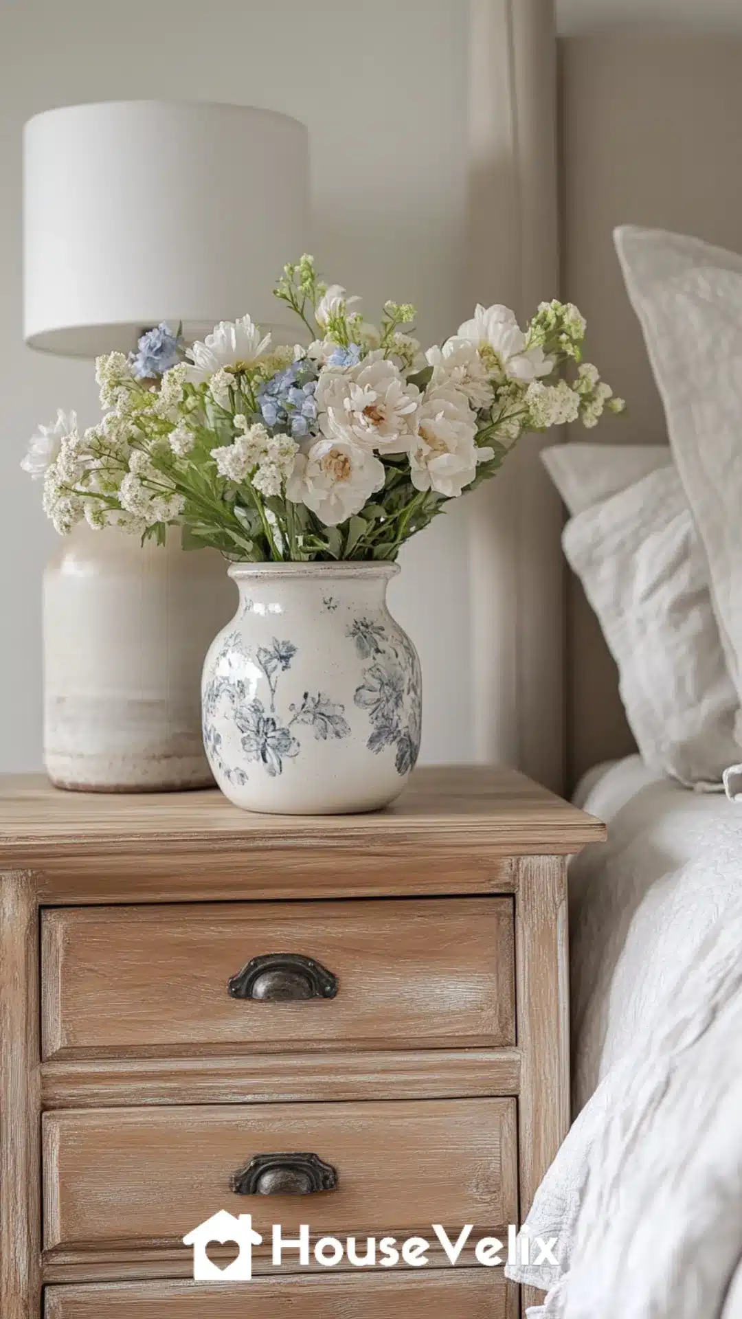 Whitewashed Wooden Nightstands with Ceramic Vases