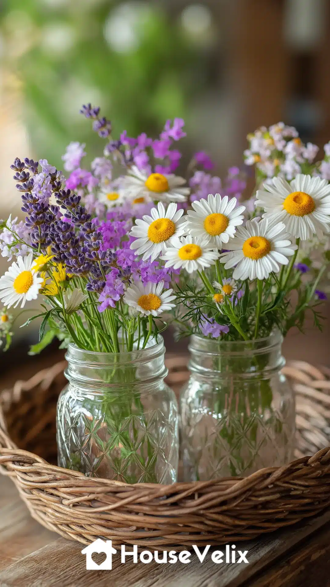 Wicker Basket Tray with Mason Jars and Fresh Wildflowers
