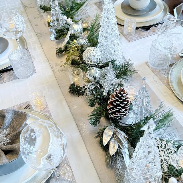 Winter Pine Crystal and Silver Tablescape