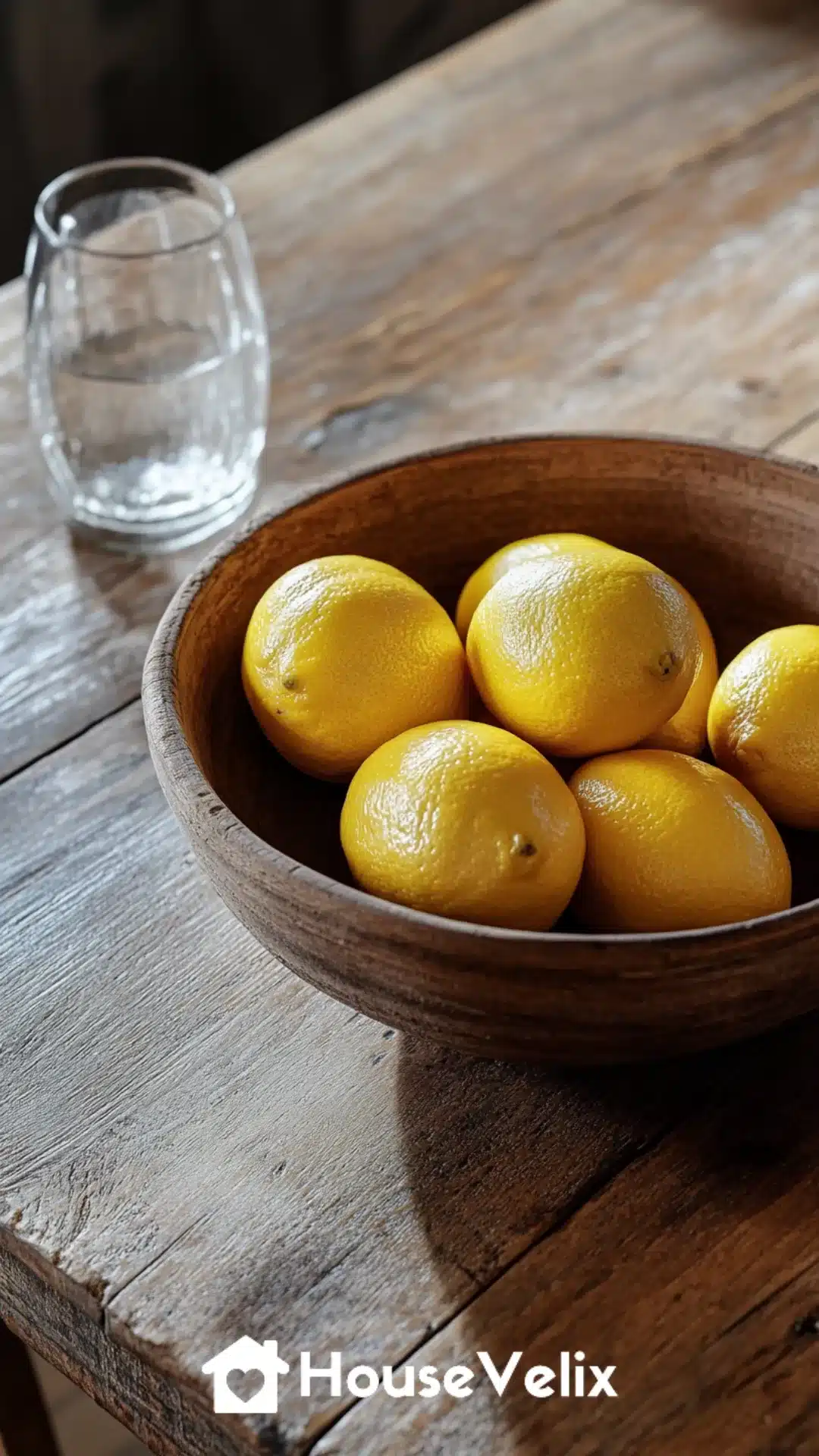 Wooden Table with Fresh Lemon Bowl Centerpiece