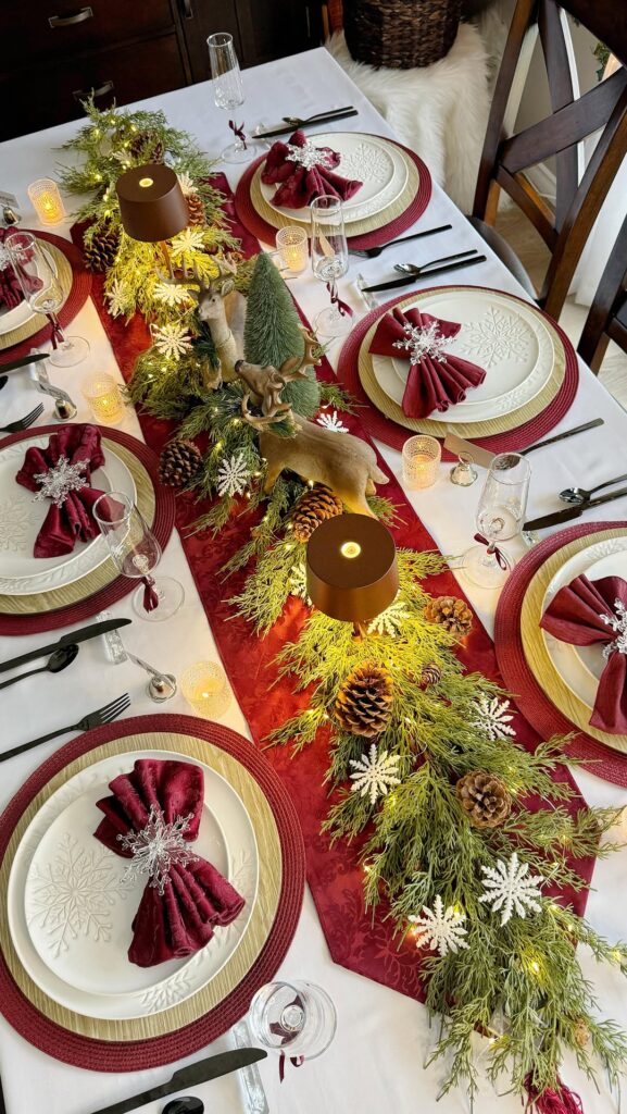 Woodland snowflake table setting in crimson