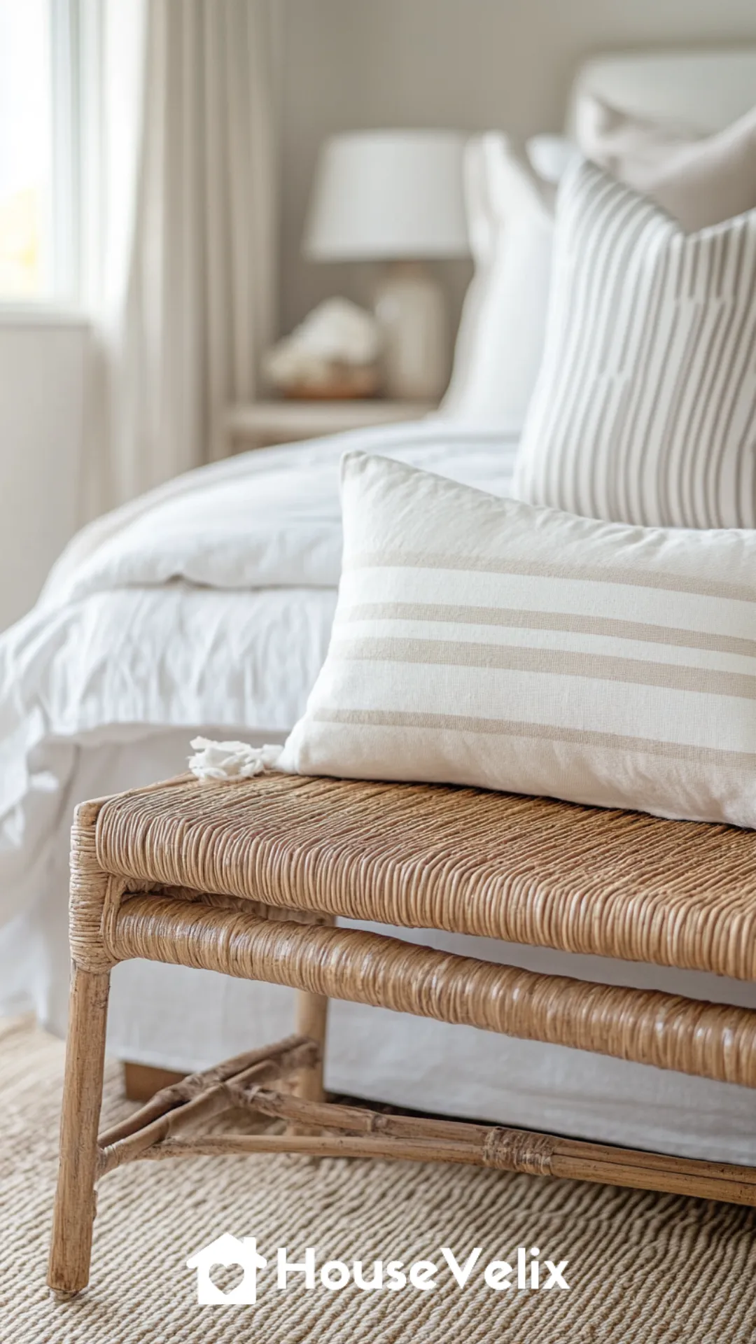 Woven Rattan Bed Bench with Coastal Throw Pillows