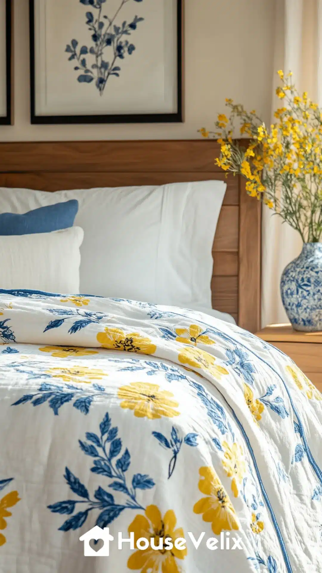 Block-Printed Floral Quilt in Yellow and Blue Tones
