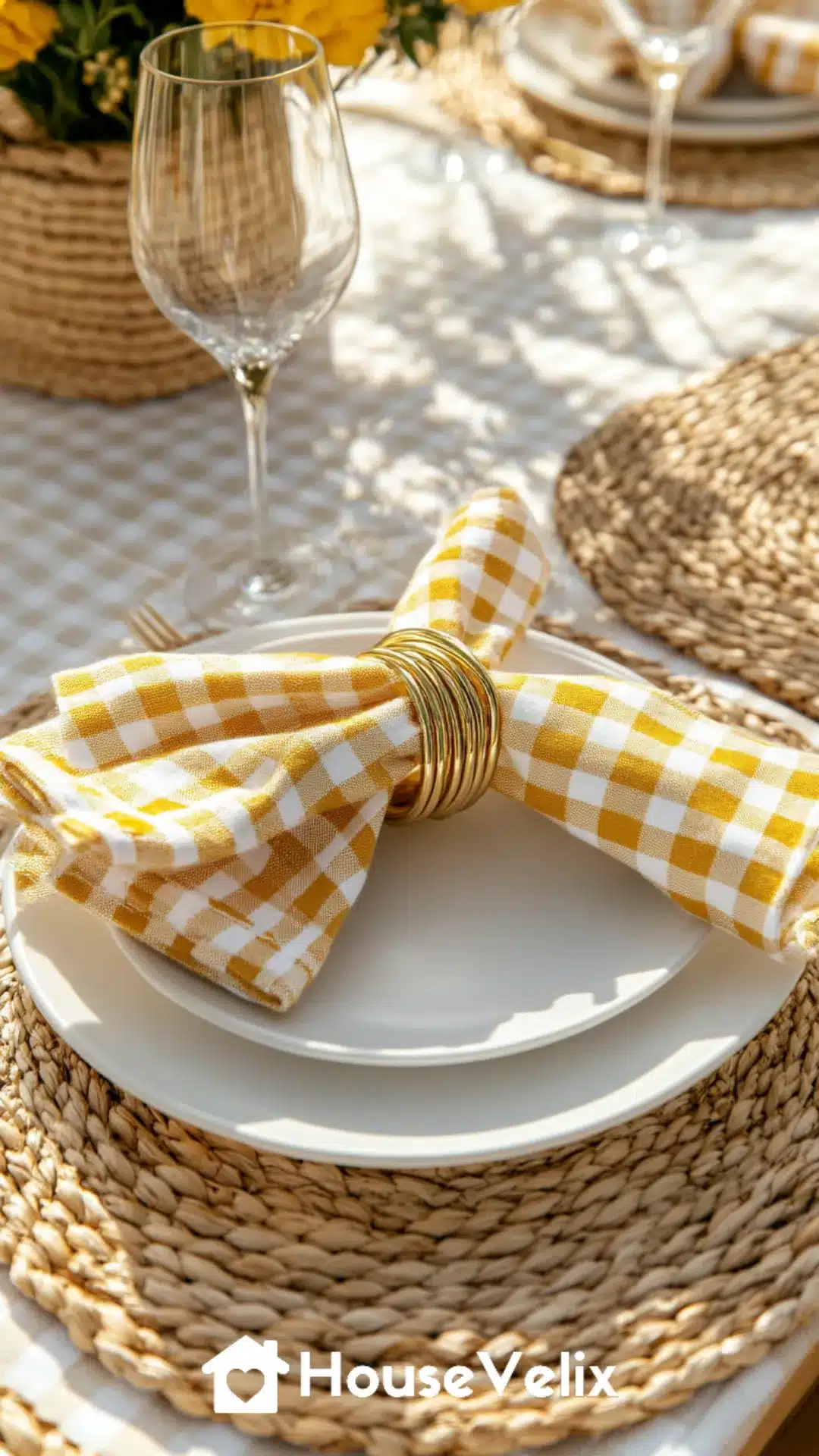 Gingham Napkins in Soft Yellow Tucked into Gold Napkin Rings